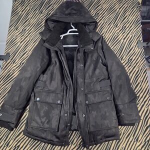 Orobos Mens Jacquard Black Camo Duck Down Parka Hooded Jacket Sherpa Collar